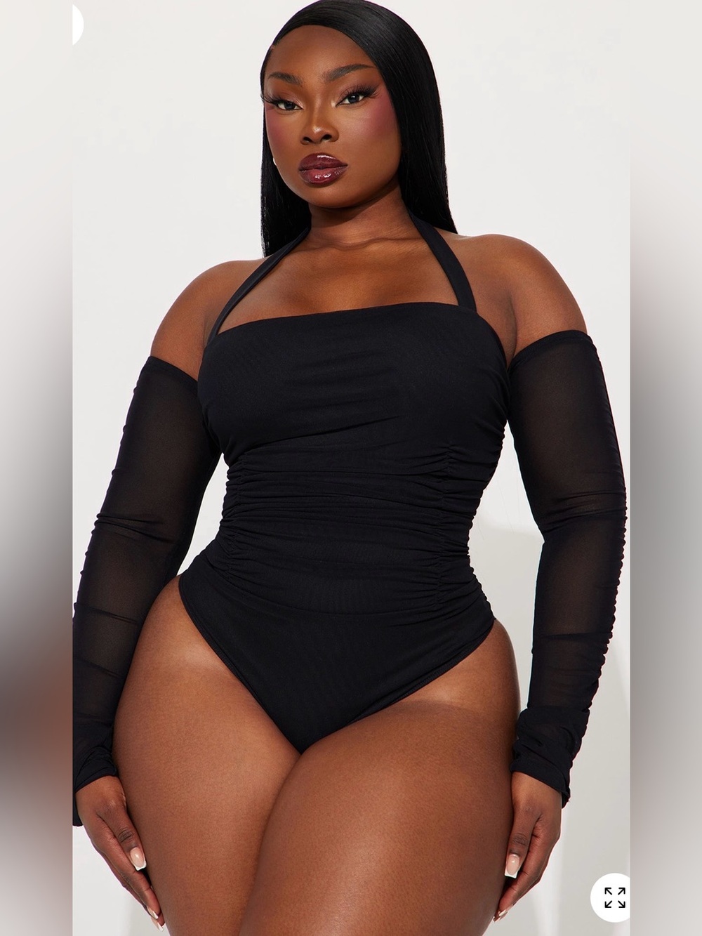 Fashion Nova Black Halter Ruched Bodysuit with Mesh Sleeves